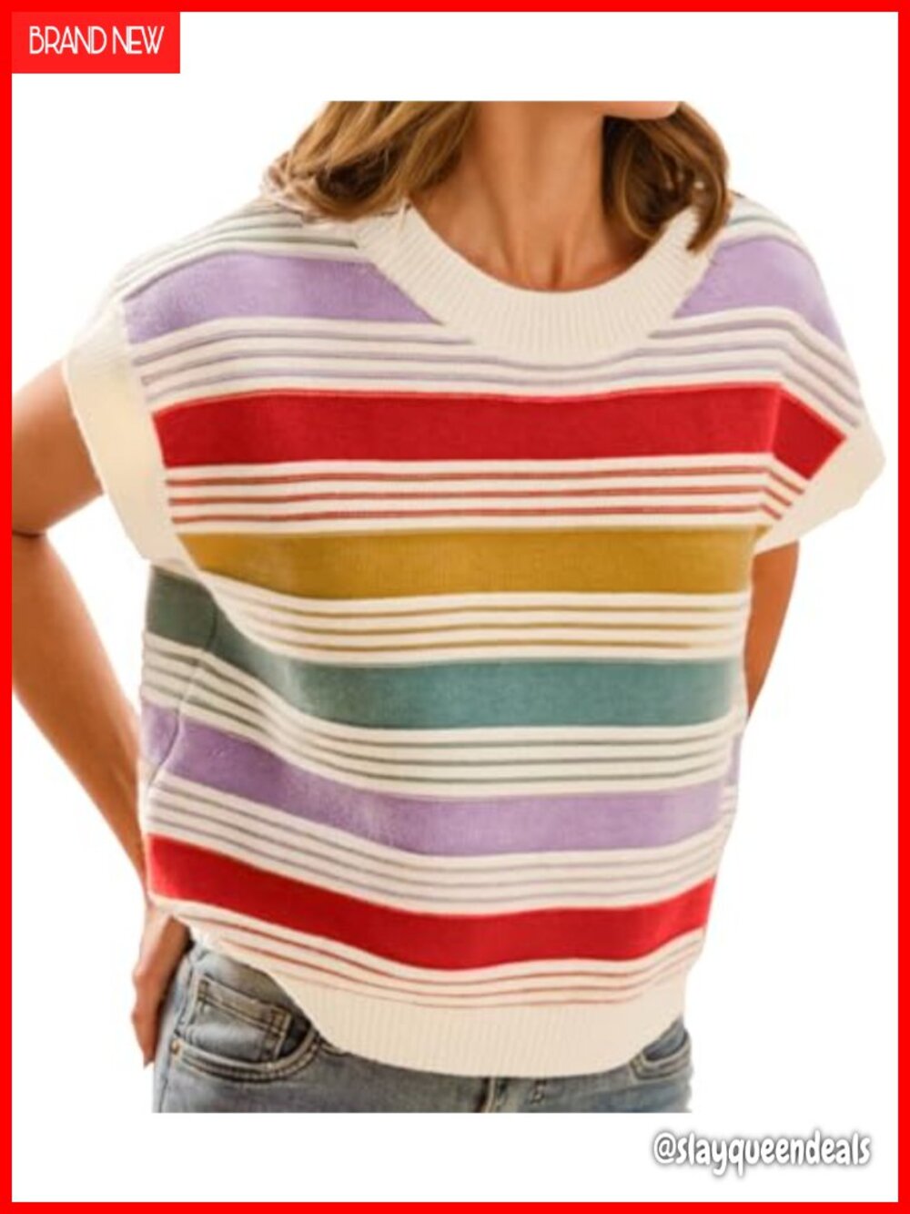 Women's Striped Cap Sleeve Sweater Vest Lightweight Knit Tank Top